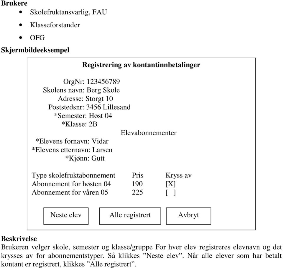 Kryss av Abonnement for høsten 04 190 [X] Abonnement for våren 05 225 [ ] Neste elev Alle registrert Avbryt Beskrivelse Brukeren velger skole, semester og klasse/gruppe