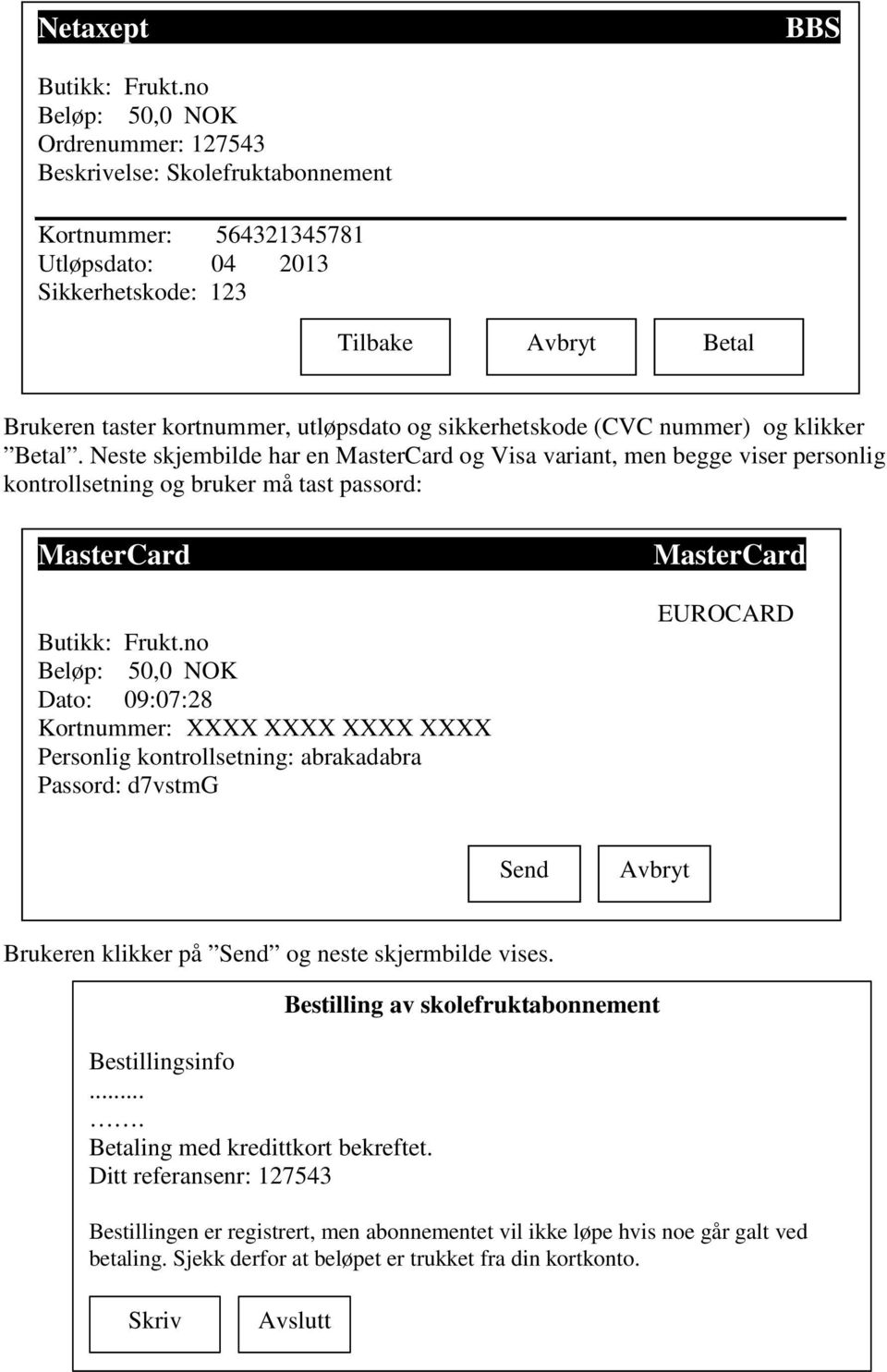 og sikkerhetskode (CVC nummer) og klikker Betal. Neste skjembilde har en MasterCard og Visa variant, men begge viser personlig kontrollsetning og bruker må tast passord: MasterCard Butikk: Frukt.