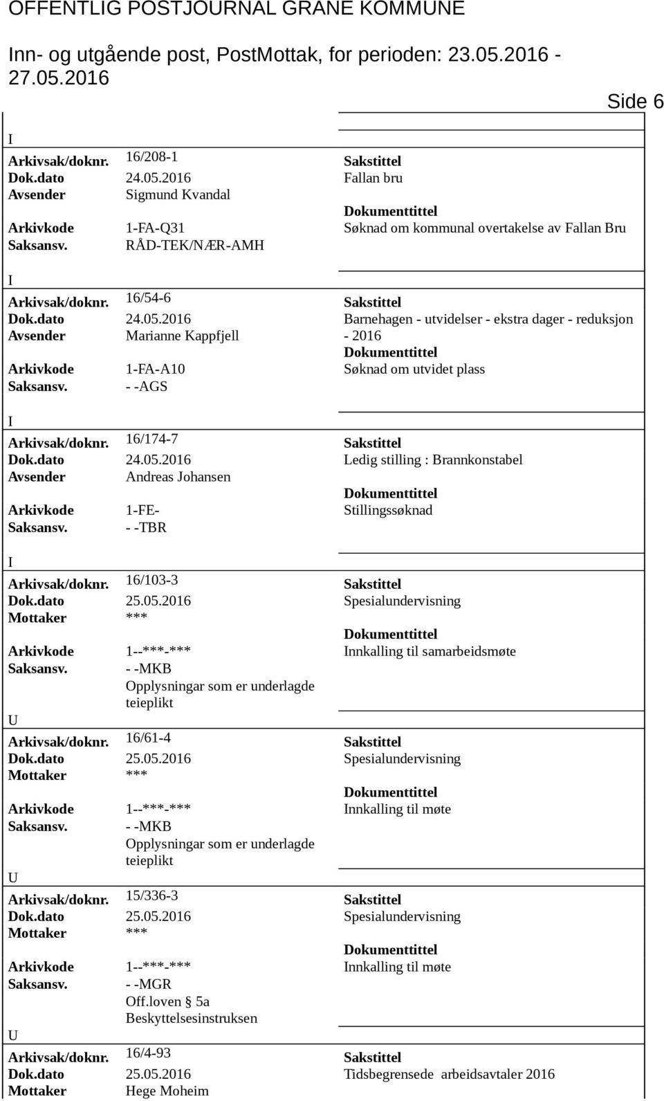 16/54-6 Sakstittel Dok.dato 24.05.2016 Barnehagen - utvidelser - ekstra dager - reduksjon Avsender Marianne Kappfjell - 2016 Arkivkode 1-FA-A10 Søknad om utvidet plass Saksansv. - -AGS Arkivsak/doknr.