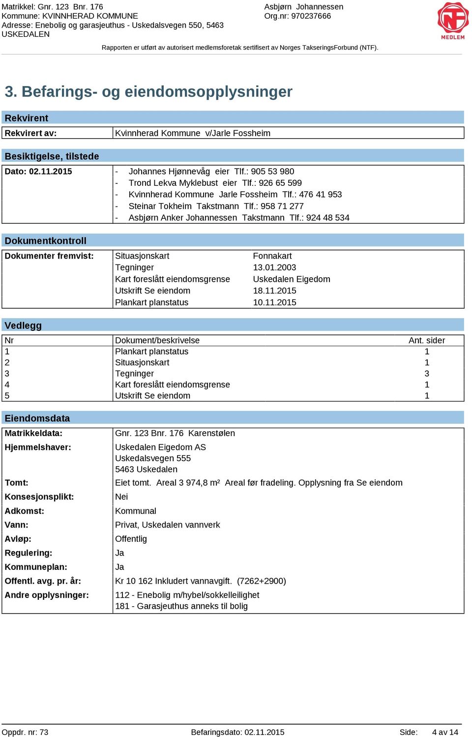 : 924 48 534 Dokumentkontroll Dokumenter fremvist: Situasjonskart Fonnakart Tegninger 13.01.2003 Kart foreslått eiendomsgrense Uskedalen Eigedom Utskrift Se eiendom 18.11.2015 Plankart planstatus 10.