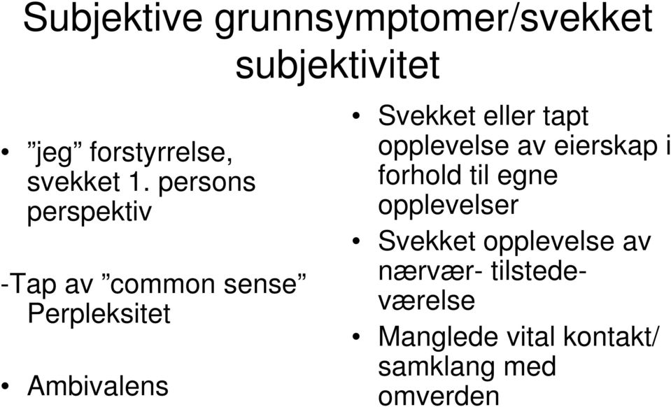 subjektivitet Svekket eller tapt opplevelse av eierskap i forhold til egne