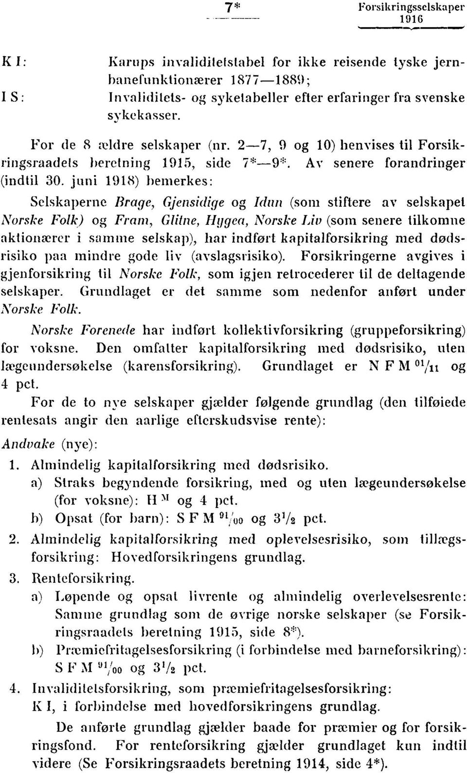 juni 1918) bemerkes: Selskaperne Brage, Gjensidige og Idnn (som stiftere av selskapet Norske Folk) og Fram, Glitne, Hygea, Norske Lit) (som senere tilkomne aktionærer i samme selskap), har indført