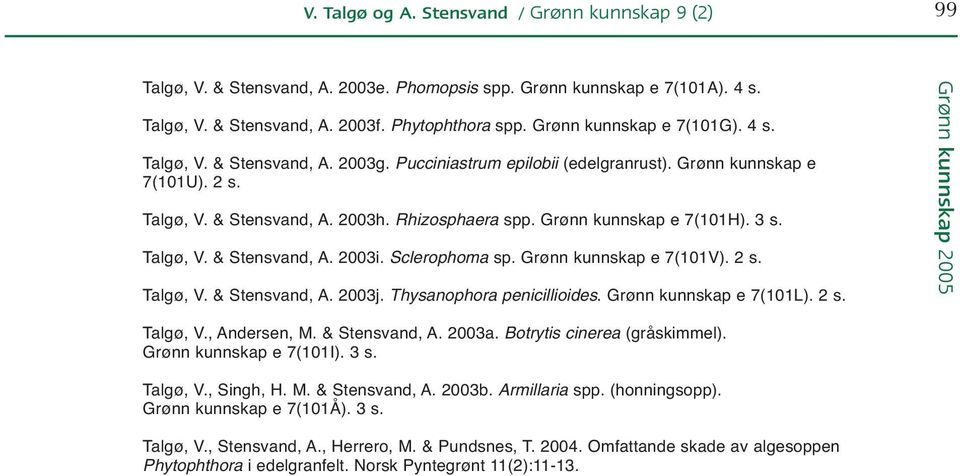 Grønn kunnskap e 7(101V). 2 s. Talgø, V. & Stensvand, A. 2003j. Thysanophora penicillioides. Grønn kunnskap e 7(101L). 2 s. Talgø, V., Andersen, M. & Stensvand, A. 2003a.