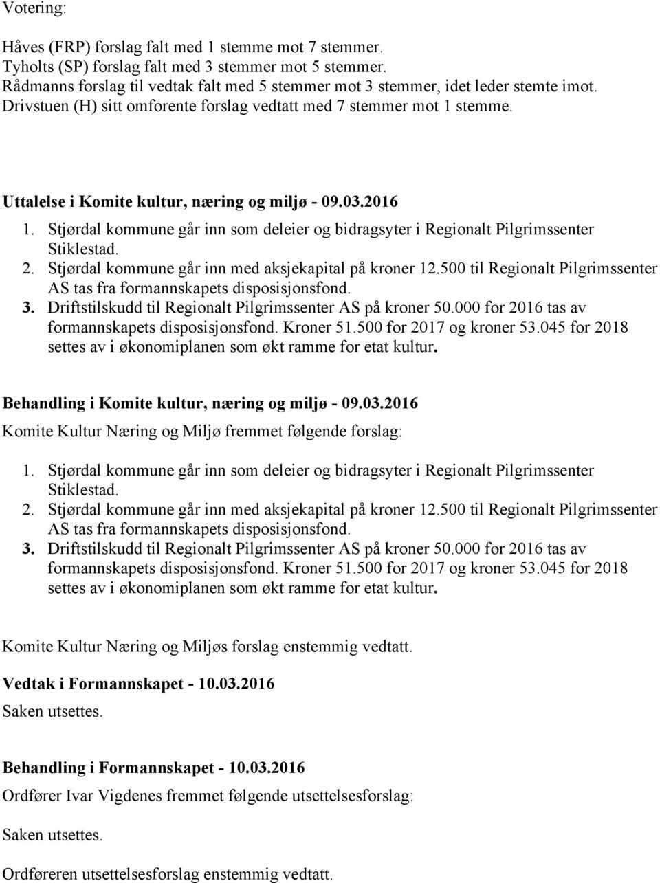 Uttalelse i Komite kultur, næring og miljø - 09.03.2016 1. Stjørdal kommune går inn som deleier og bidragsyter i Regionalt Pilgrimssenter Stiklestad. 2.