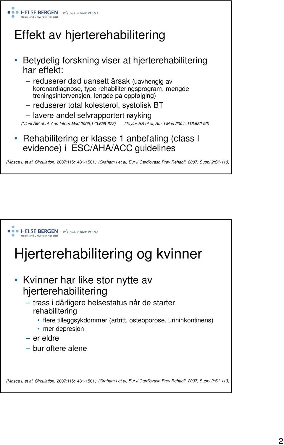 2004; 116:682-92) Rehabilitering er klasse 1 anbefaling (class I evidence) i ESC/AHA/ACC guidelines (Mosca L et al, Circulation. 2007;115:1481-1501) (Graham I et al, Eur J Cardiovasc Prev Rehabil.