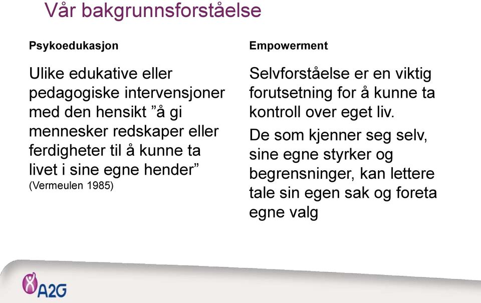 1985) Empowerment Selvforståelse er en viktig forutsetning for å kunne ta kontroll over eget liv.