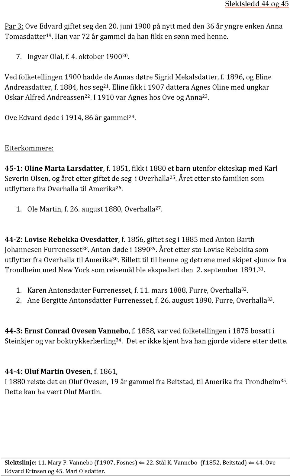 I 1910 var Agnes hos Ove og Anna 23. Ove Edvard døde i 1914, 86 år gammel 24. Etterkommere: 45-1: Oline Marta Larsdatter, f.