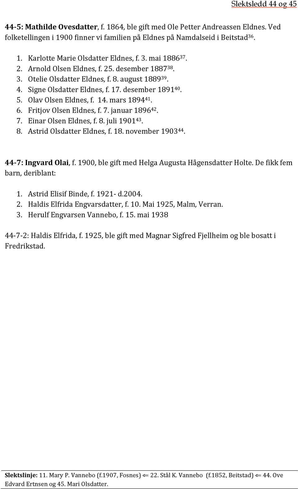 mars 1894 41. 6. Fritjov Olsen Eldnes, f. 7. januar 1896 42. 7. Einar Olsen Eldnes, f. 8. juli 1901 43. 8. Astrid Olsdatter Eldnes, f. 18. november 1903 44. 44-7: Ingvard Olai, f.