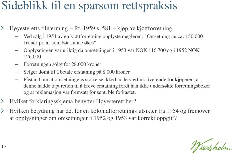 000 kroner Påstand om at omsetningens størrelse ikke hadde vært motiverende for kjøperen, at denne hadde tapt retten til å kreve erstatning fordi han ikke undersøkte forretningsbøker og at