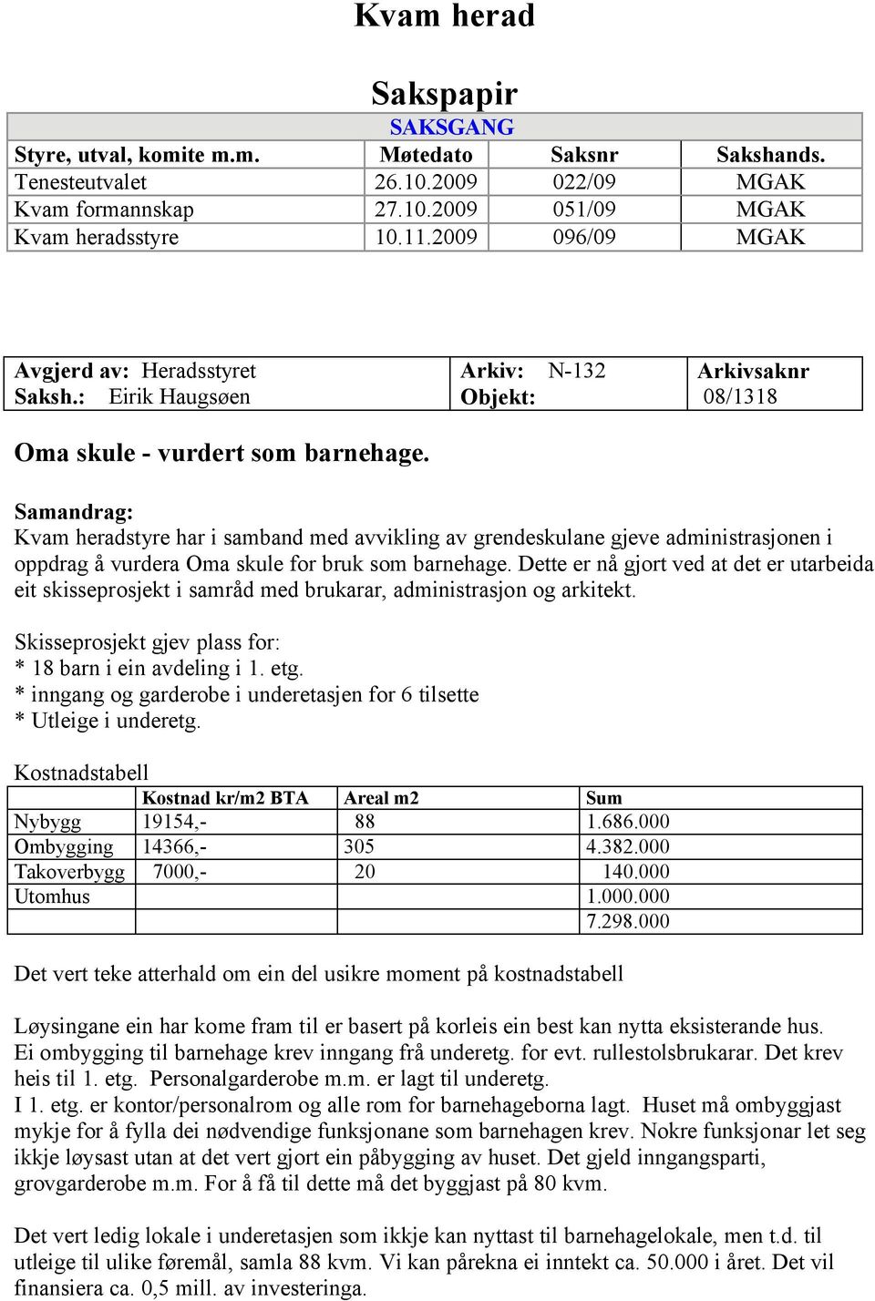 : Eirik Haugsøen Oma skule - vurdert som Arkiv: N-132 Objekt: Arkivsaknr 08/1318 Samandrag: Kvam heradstyre har i samband med avvikling av grendeskulane gjeve administrasjonen i oppdrag å vurdera Oma