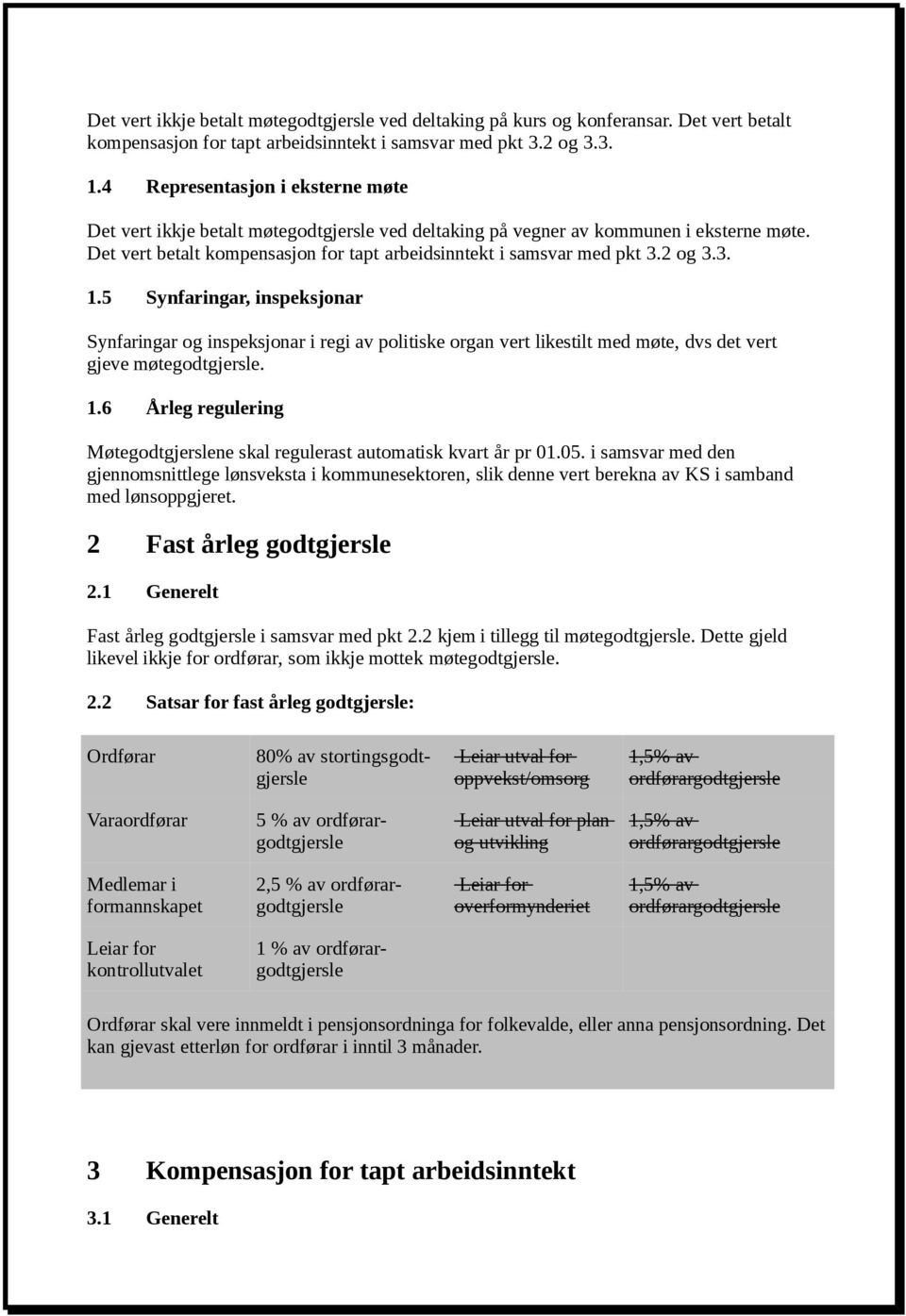 2 og 3.3. 1.5 Synfaringar, inspeksjonar Synfaringar og inspeksjonar i regi av politiske organ vert likestilt med møte, dvs det vert gjeve møtegodtgjersle. 1.6 Årleg regulering Møtegodtgjerslene skal regulerast automatisk kvart år pr 01.