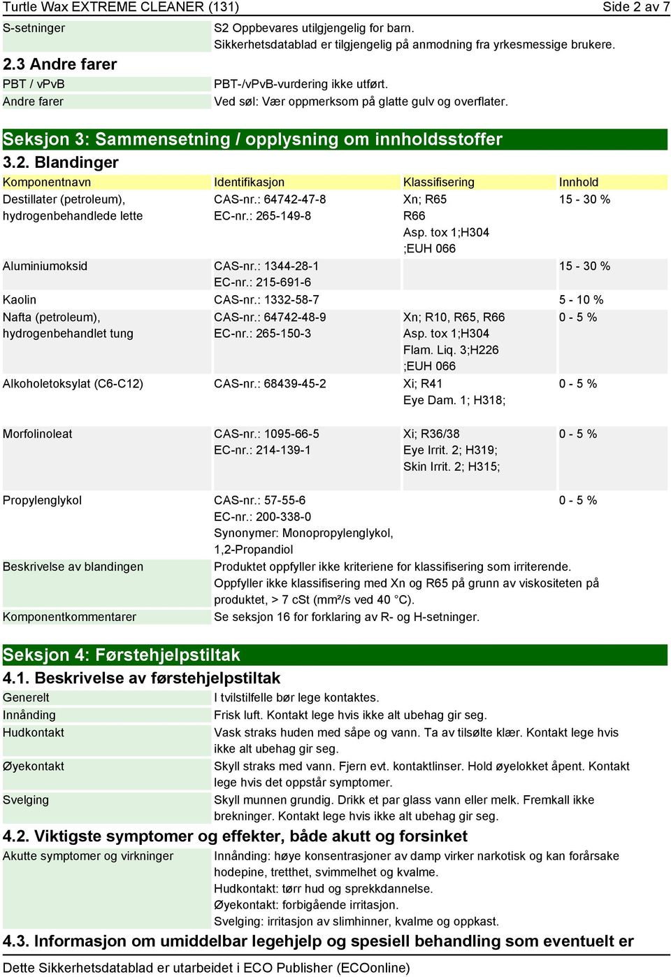 Seksjon 3: Sammensetning / opplysning om innholdsstoffer 3.2. Blandinger Komponentnavn Identifikasjon Klassifisering Innhold Destillater (petroleum), hydrogenbehandlede lette CAS-nr.