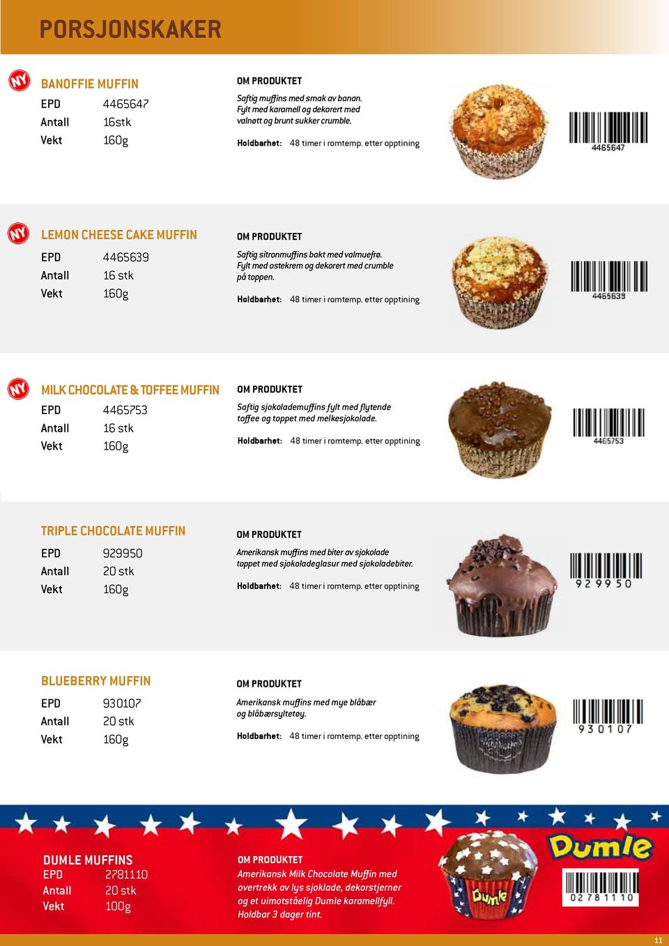 etter opptining Milk chocolate & Toffee muffin EPD 4465753 Antall 16 stk Vekt 160g Saftig sjokolademuffins fylt med flytende toffee og toppet med melkesjokolade. 48 timer i romtemp.