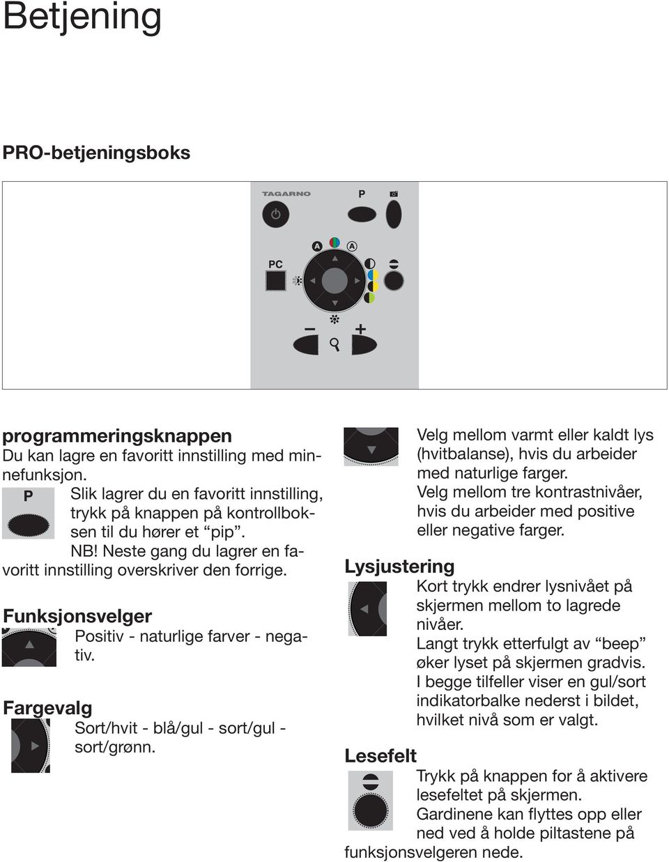 Funksjonsvelger Positiv - naturlige farver - negativ. Fargevalg Sort/hvit - blå/gul - sort/gul - sort/grønn. Velg mellom varmt eller kaldt lys (hvitbalanse), hvis du arbeider med naturlige farger.