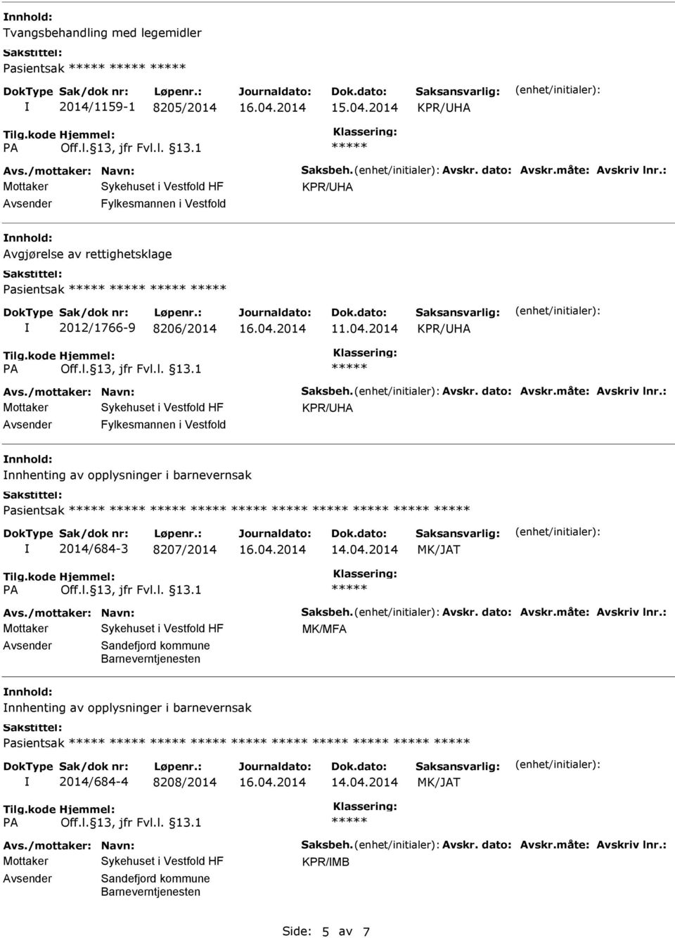 2014 Avsender Fylkesmannen i Vestfold nnhold: nnhenting av opplysninger i barnevernsak Pasientsak 2014/684-3 8207/2014 MK/MFA