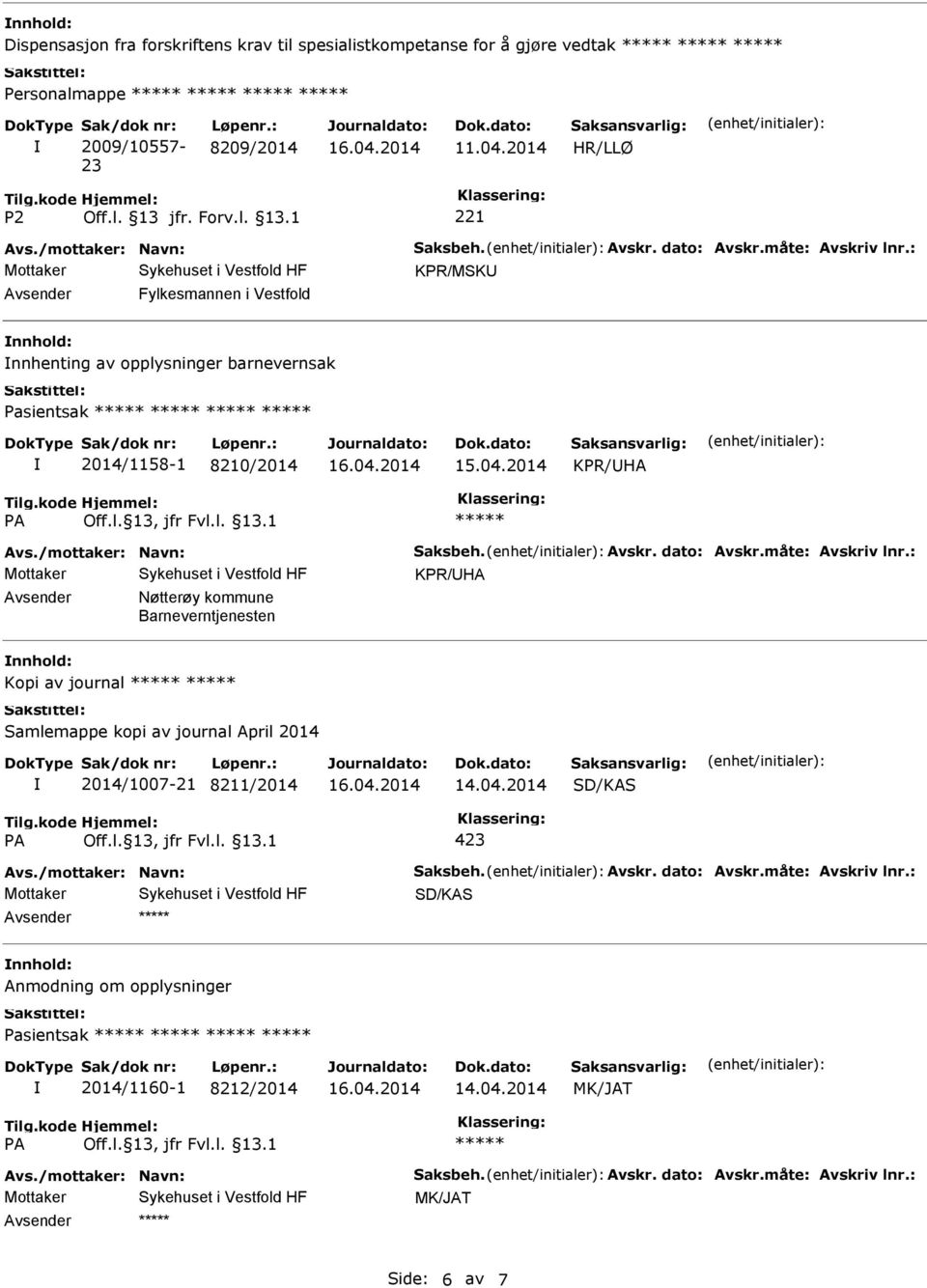 2014 KPR/MSKU Avsender Fylkesmannen i Vestfold nnhold: nnhenting av opplysninger barnevernsak Pasientsak 2014/1158-1 8210/2014