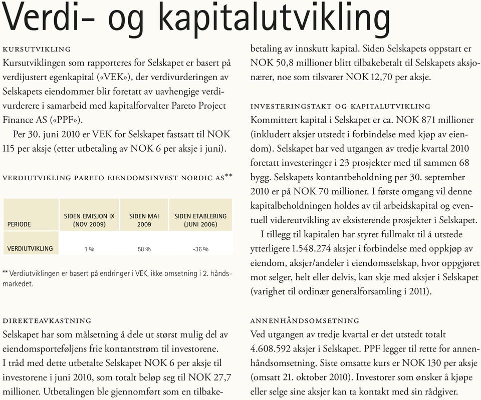 juni 2010 er VEK for Selskapet fastsatt til NOK 115 per aksje (etter utbetaling av NOK 6 per aksje i juni).