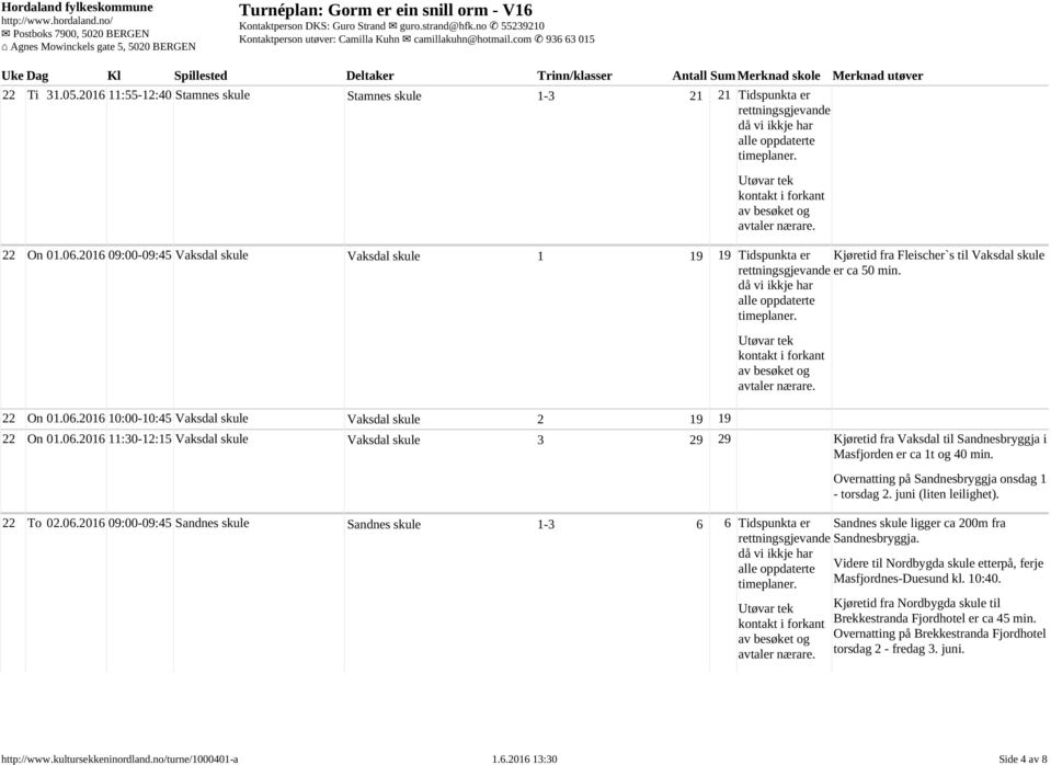 06.2016 11:30 12:15 Vaksdal skule Vaksdal skule 3 29 29 Kjøretid fra Vaksdal til Sandnesbryggja i Masfjorden er ca 1t og 40 min. 22 To 02.06.2016 09:00 09:45 Sandnes skule Sandnes skule 1-3 6 6 Tidspunkta er Overnatting på Sandnesbryggja onsdag 1 - torsdag 2.