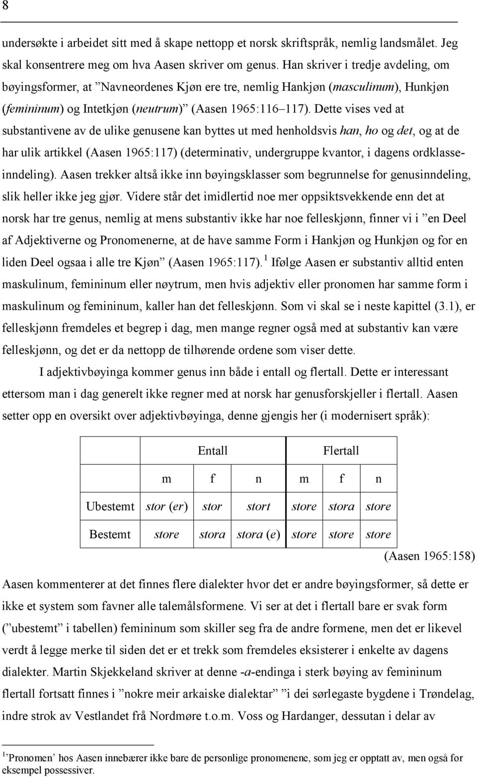 Dette vises ved at substantivene av de ulike genusene kan byttes ut med henholdsvis han, ho og det, og at de har ulik artikkel (Aasen 1965:117) (determinativ, undergruppe kvantor, i dagens