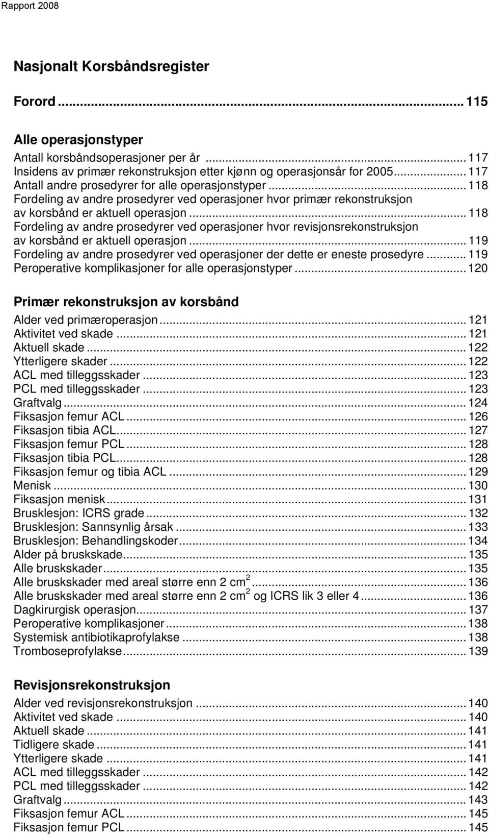 .. 118 Fordeling av andre prosedyrer ved operasjoner hvor revisjonsrekonstruksjon av korsbånd er aktuell operasjon... 119 Fordeling av andre prosedyrer ved operasjoner der dette er eneste prosedyre.