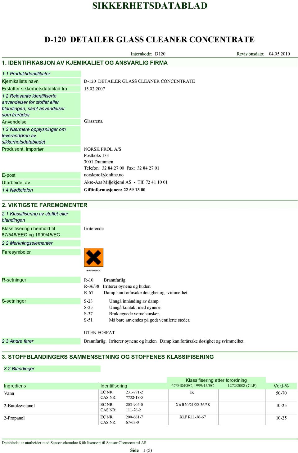 3 Nærmere opplysninger om leverandøren av sikkerhetsdatabladet Produsent, importør E-post Glassrens. NORSK PROL A/S Postboks 133 3001 Drammen Telefon: 32 84 27 00 Fax: 32 84 27 01 norskprol@online.