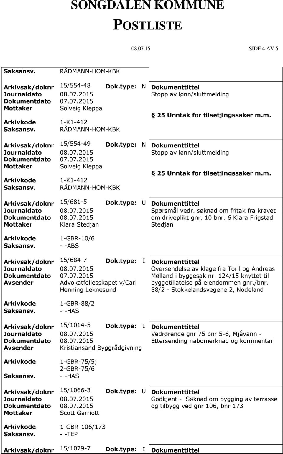 10 bnr. 6 Klara Frigstad Mottaker Klara Stedjan Stedjan 1-GBR-10/6 --ABS Arkivsak/doknr 15/684-7 Dok.type: I Dokumenttittel Journaldato 08.07.