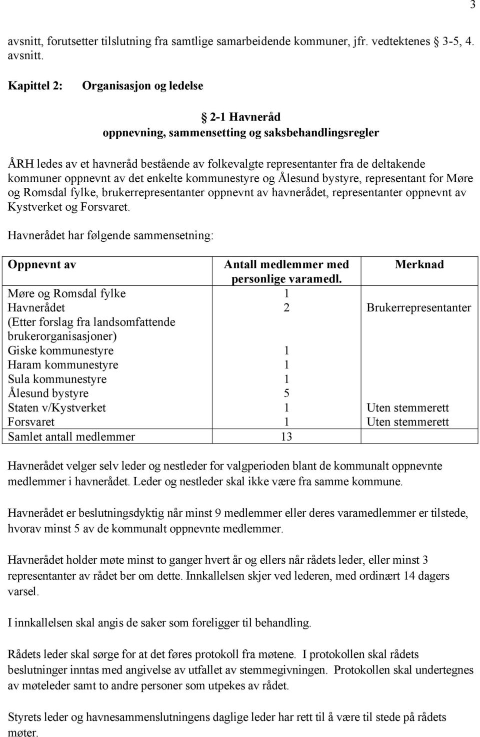 Kapittel 2: Organisasjon og ledelse 2- Havneråd oppnevning, sammensetting og saksbehandlingsregler ÅRH ledes av et havneråd bestående av folkevalgte representanter fra de deltakende kommuner oppnevnt