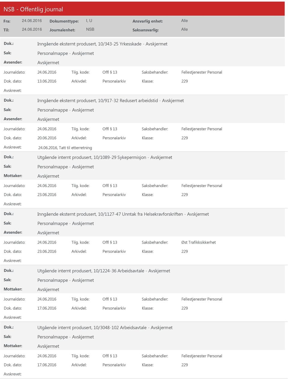 2016 Arkivdel: Personalarkiv, Tatt til etterretning tgående internt produsert, 10/1089- Sykepermisjon - Personalmappe - Dok. dato: 23.06.