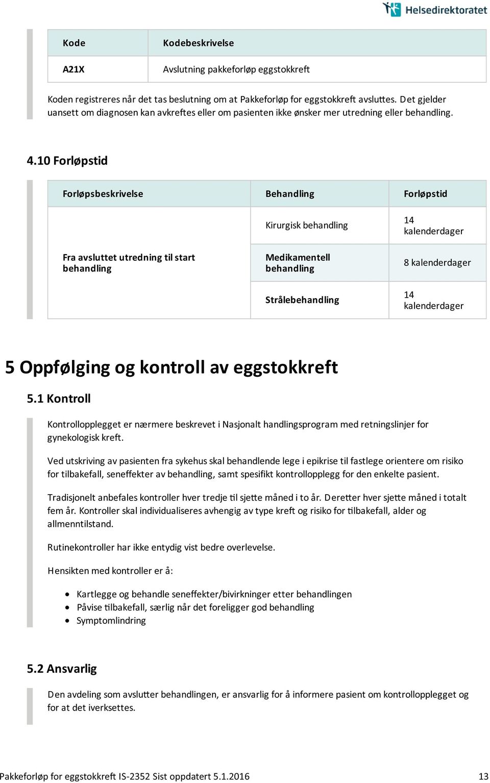 10 Forløpstid Forløpsbeskrivelse Behandling Forløpstid Fra avsluttet utredning til start behandling Kirurgisk behandling Medikamentell behandling Strålebehandling 14 8 14 5 Oppfølging og kontroll av