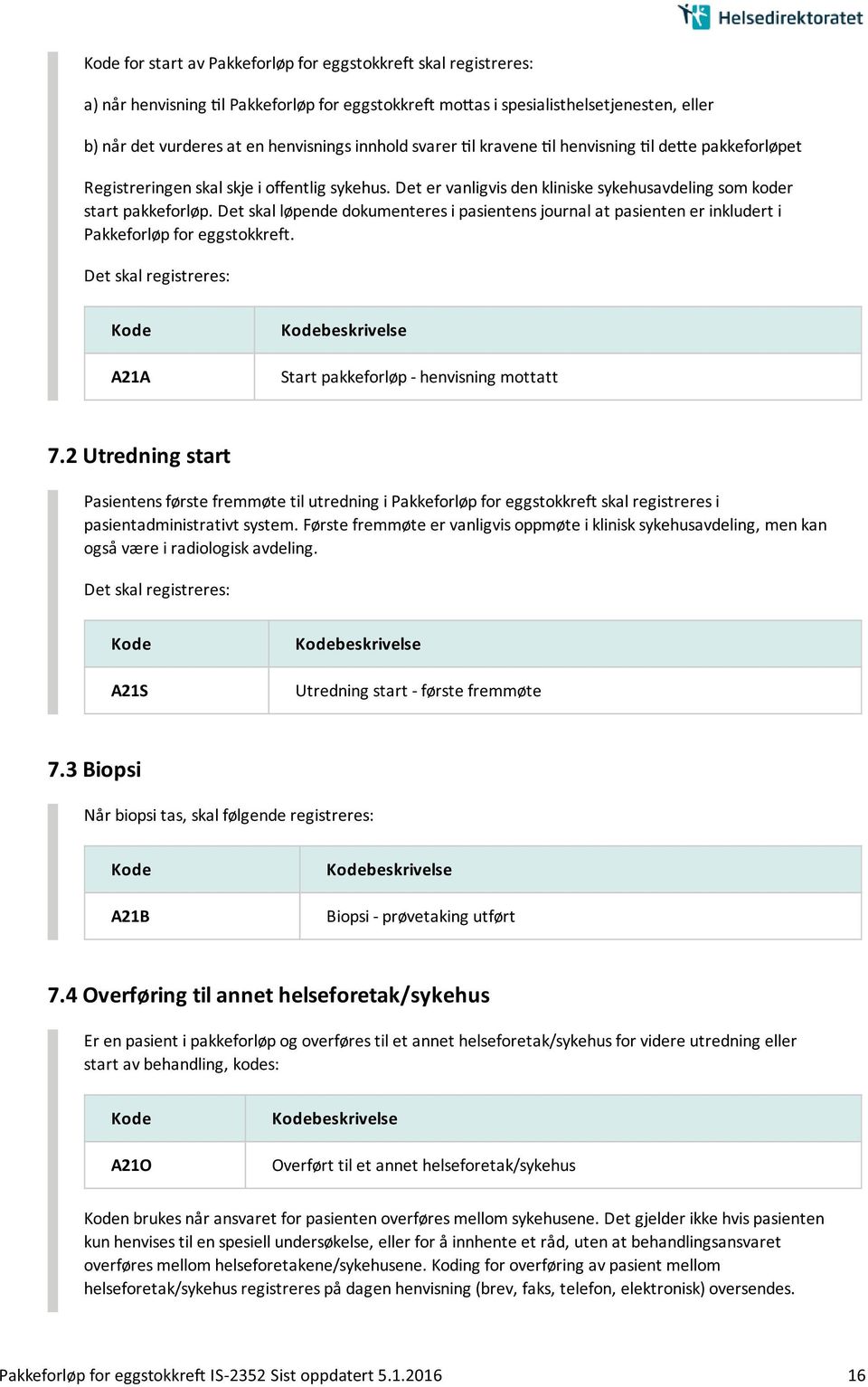 Det skal løpende dokumenteres i pasientens journal at pasienten er inkludert i Pakkeforløp for eggstokkreft. Det skal registreres: A21A Start pakkeforløp - henvisning mottatt 7.