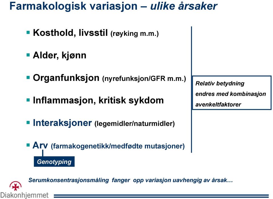 Interaksjoner (legemidler/naturmidler) Arv (farmakogenetikk/medfødte mutasjoner) Genotyping