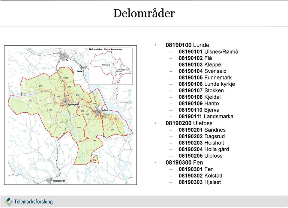 08190110 Bjerva 08190111 Landsmarka 08190200 Ulefoss 08190201 Sandnes 08190202 Dagsrud 08190203