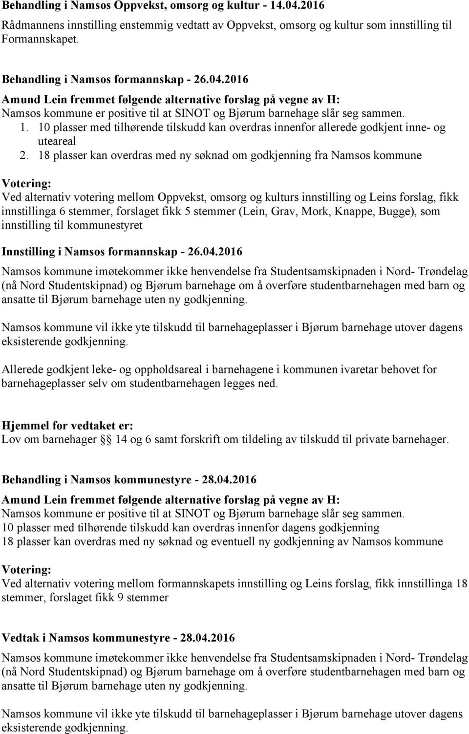 18 plasser kan overdras med ny søknad om godkjenning fra Namsos kommune Votering: Ved alternativ votering mellom Oppvekst, omsorg og kulturs innstilling og Leins forslag, fikk innstillinga 6 stemmer,