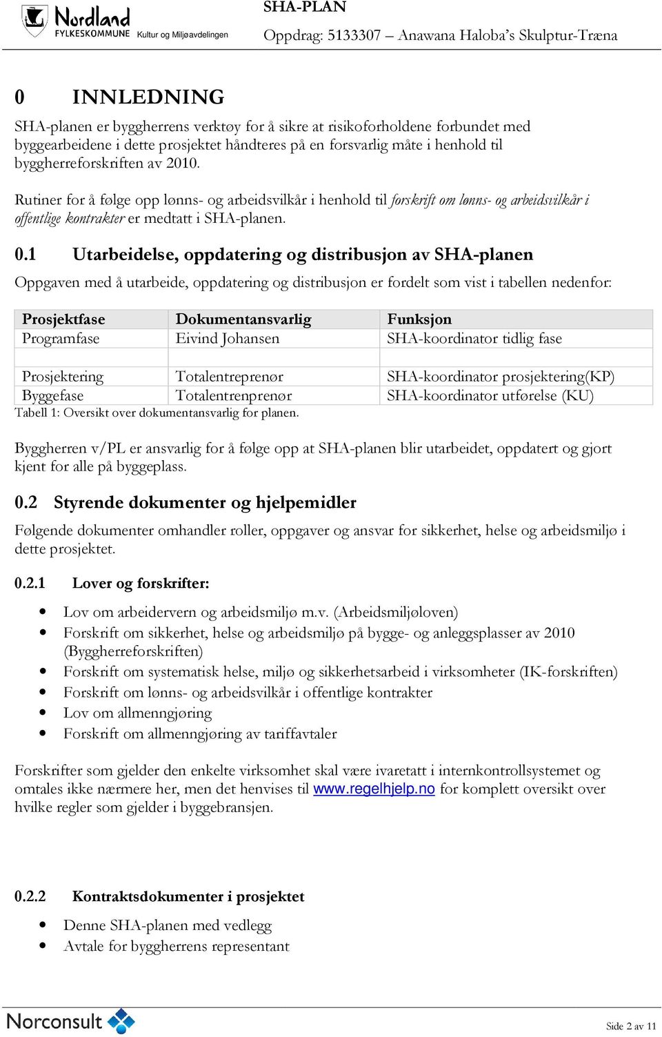 1 Utarbeidelse, oppdatering og distribusjon av SHA-planen Oppgaven med å utarbeide, oppdatering og distribusjon er fordelt som vist i tabellen nedenfor: Prosjektfase Dokumentansvarlig Funksjon