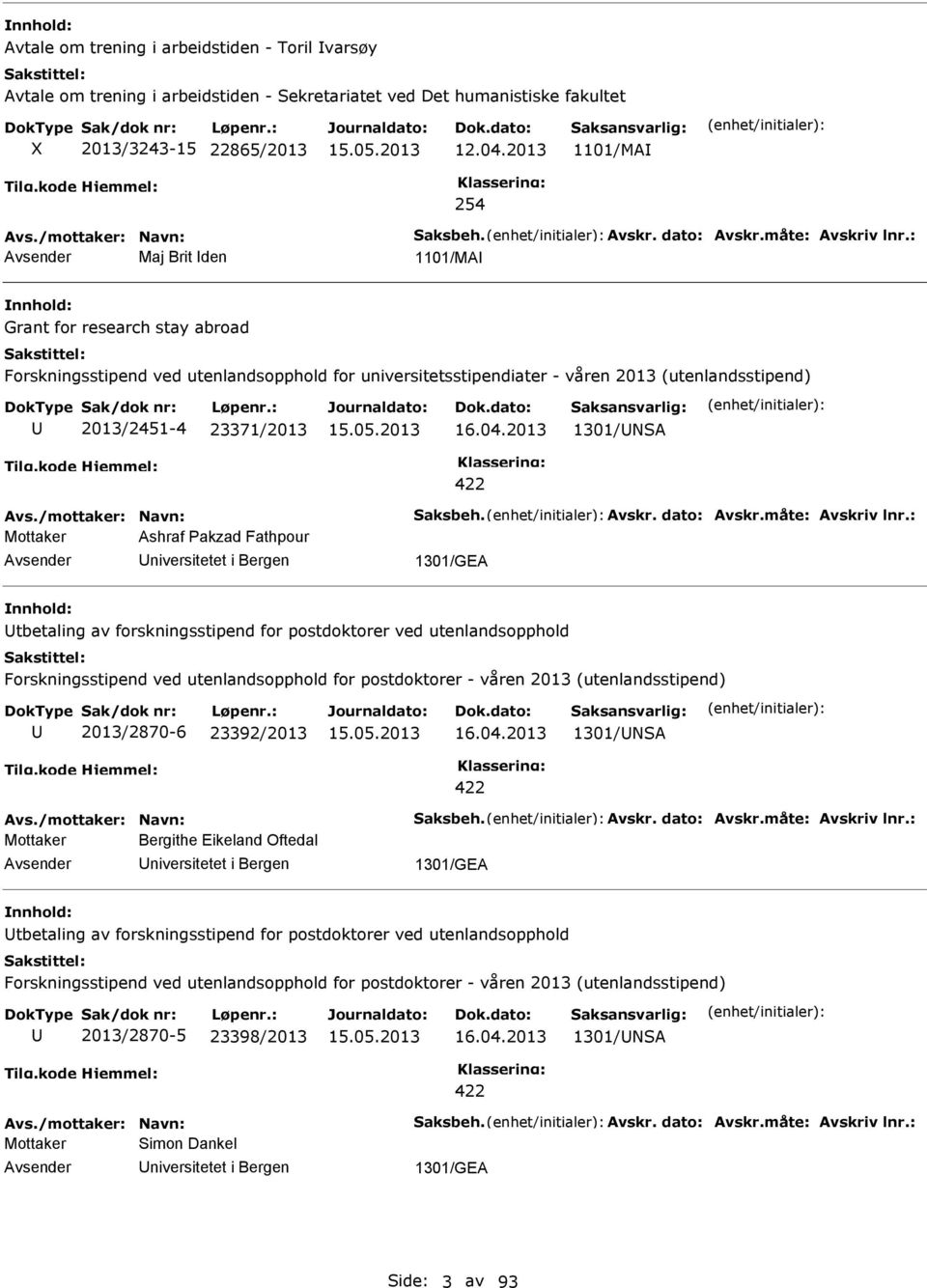 2013 1301/SA 422 Mottaker Ashraf akzad Fathpour niversitetet i Bergen 1301/GEA tbetaling av forskningsstipend for postdoktorer ved utenlandsopphold Forskningsstipend ved utenlandsopphold for