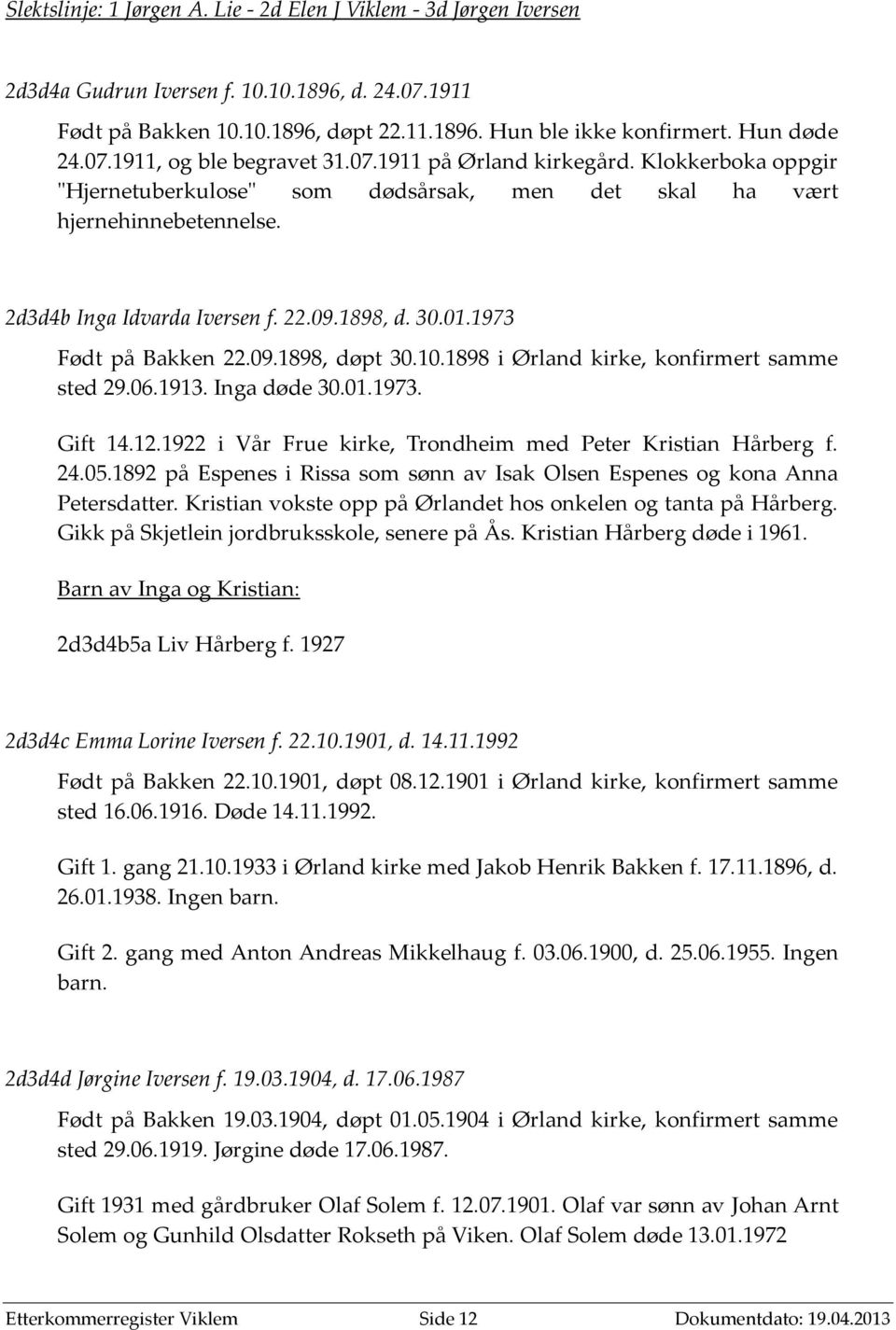 30.01.1973 Født på Bakken 22.09.1898, døpt 30.10.1898 i Ørland kirke, konfirmert samme sted 29.06.1913. Inga døde 30.01.1973. Gift 14.12.1922 i Vår Frue kirke, Trondheim med Peter Kristian Hårberg f.