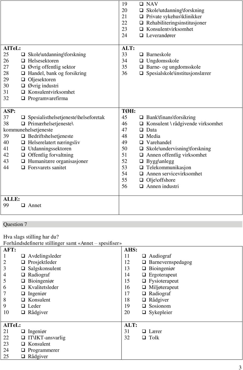 kommunehelsetjeneste 39 Bedriftshelsetjeneste 40 Helserelatert næringsliv 41 Utdanningssektoren 42 Offentlig forvaltning 43 Humanitære organisasjoner 44 Forsvarets sanitet ALT: 33 Barneskole 34