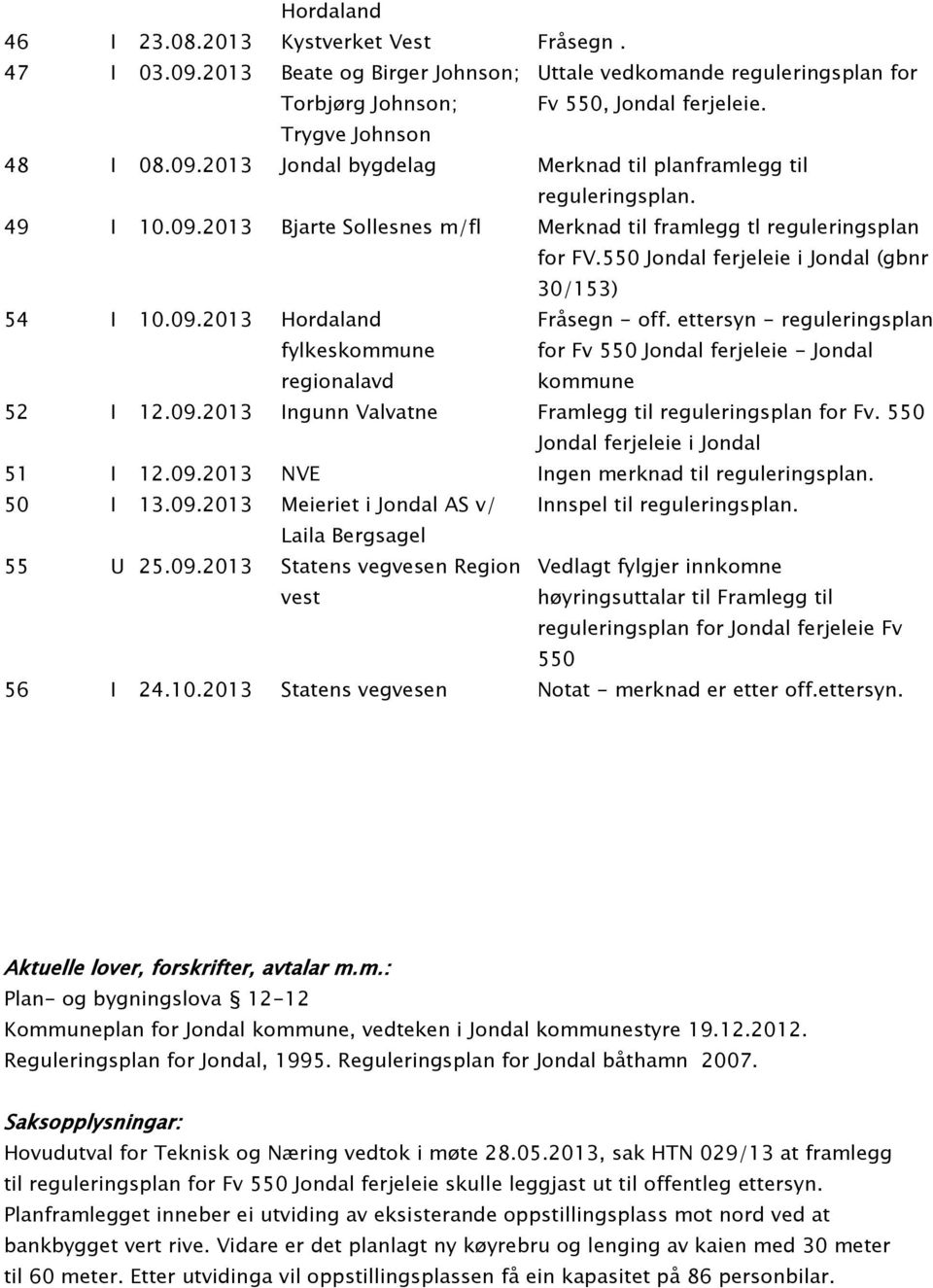 ettersyn - reguleringsplan for Fv 550 Jondal ferjeleie - Jondal kommune 52 I 12.09.2013 Ingunn Valvatne Framlegg til reguleringsplan for Fv. 550 Jondal ferjeleie i Jondal 51 I 12.09.2013 NVE Ingen merknad til reguleringsplan.