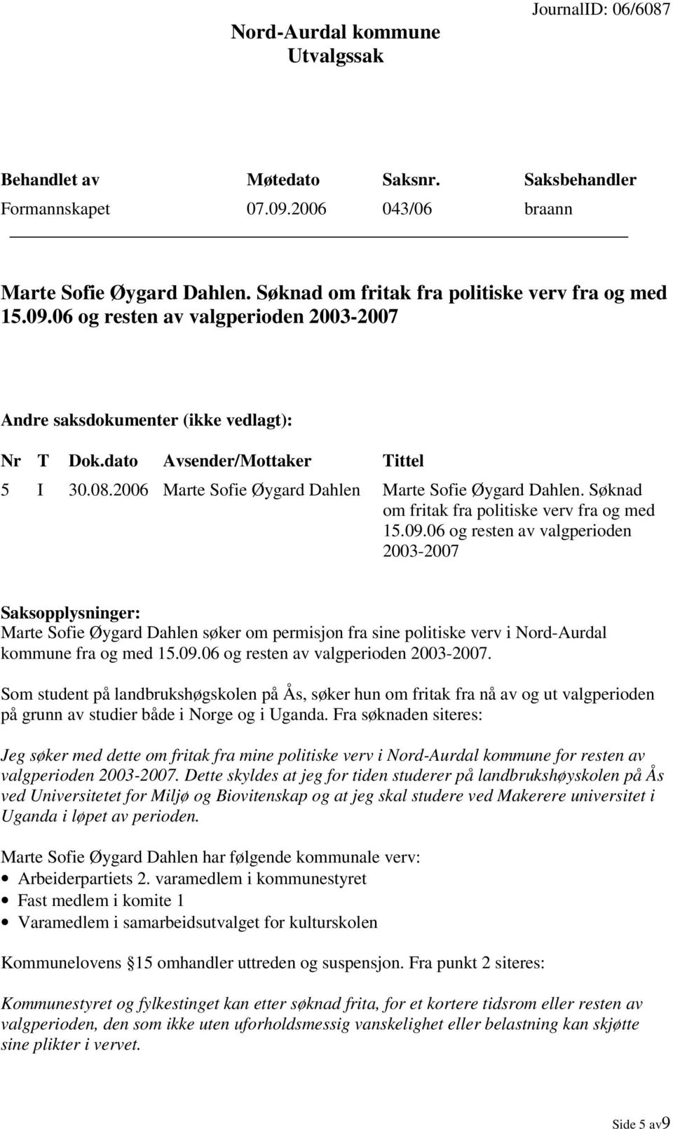 06 og resten av valgperioden 2003-2007 Saksopplysninger: Marte Sofie Øygard Dahlen søker om permisjon fra sine politiske verv i Nord-Aurdal kommune fra og med 15.09.