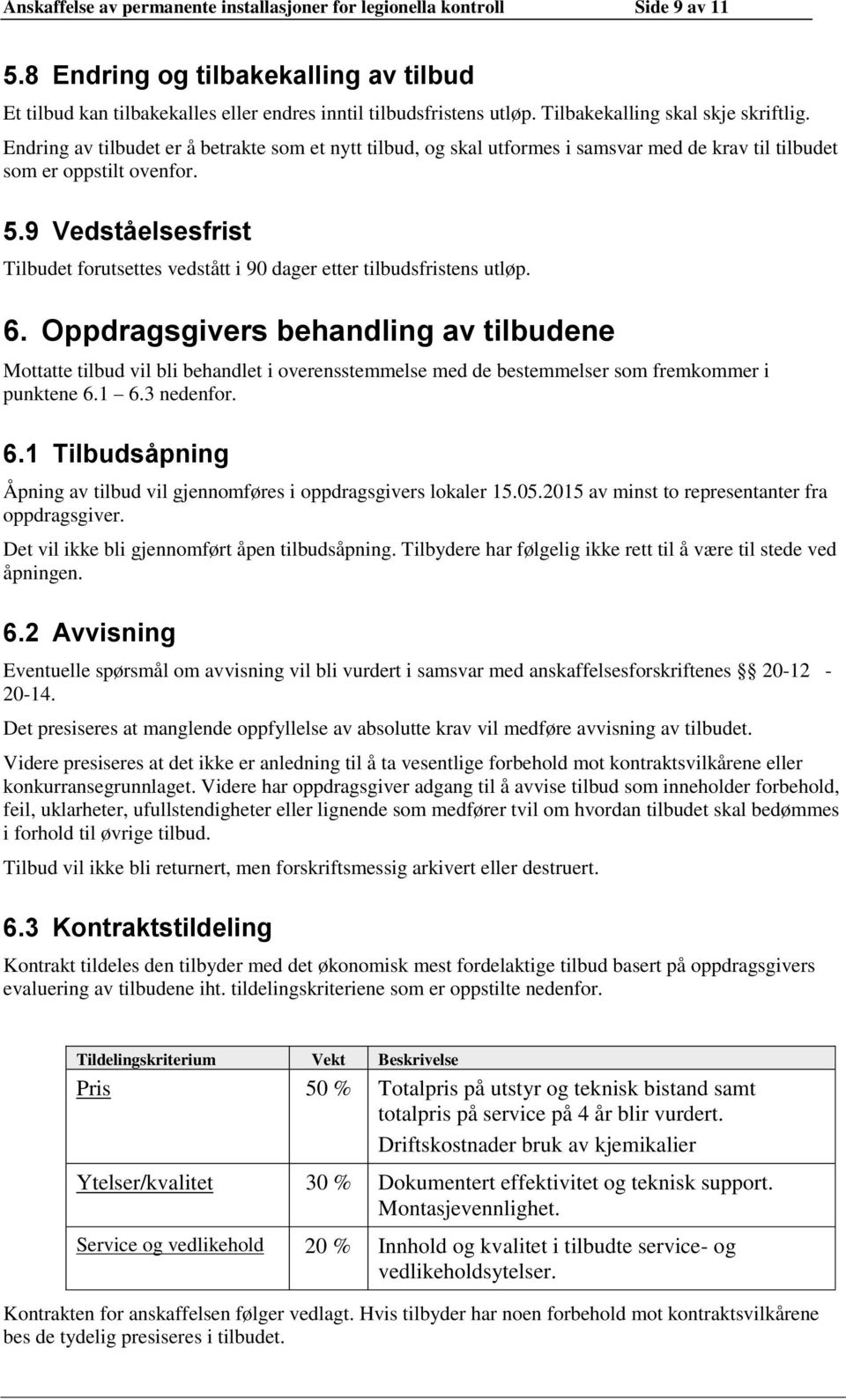 9 Vedståelsesfrist Tilbudet forutsettes vedstått i 90 dager etter tilbudsfristens utløp. 6.