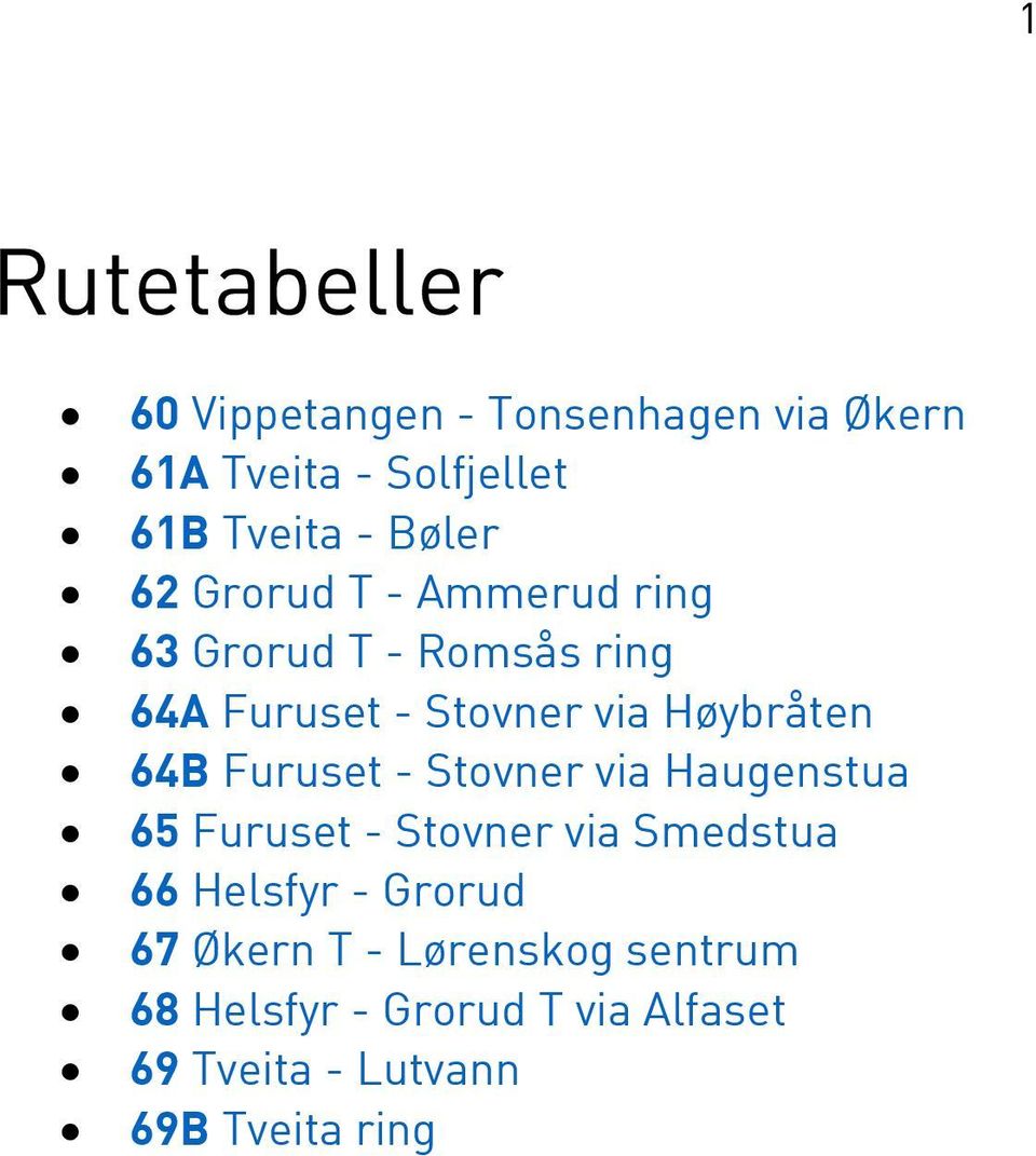 64B Furuset - Stovner via Haugenstua 65 Furuset - Stovner via Smedstua 66 Helsfyr -