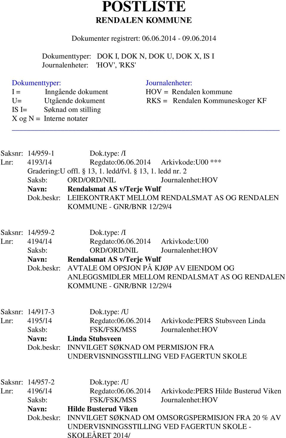 type: /I Lnr: 4194/14 Regdato:06.06.2014 Arkivkode:U00 Saksb: ORD/ORD/NIL Journalenhet:HOV Navn: Rendalsmat AS v/terje Wulf Dok.