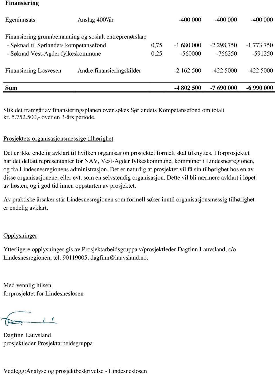 finansieringsplanen over søkes Sørlandets Kompetansefond om totalt kr. 5.752.500,- over en 3-års periode.