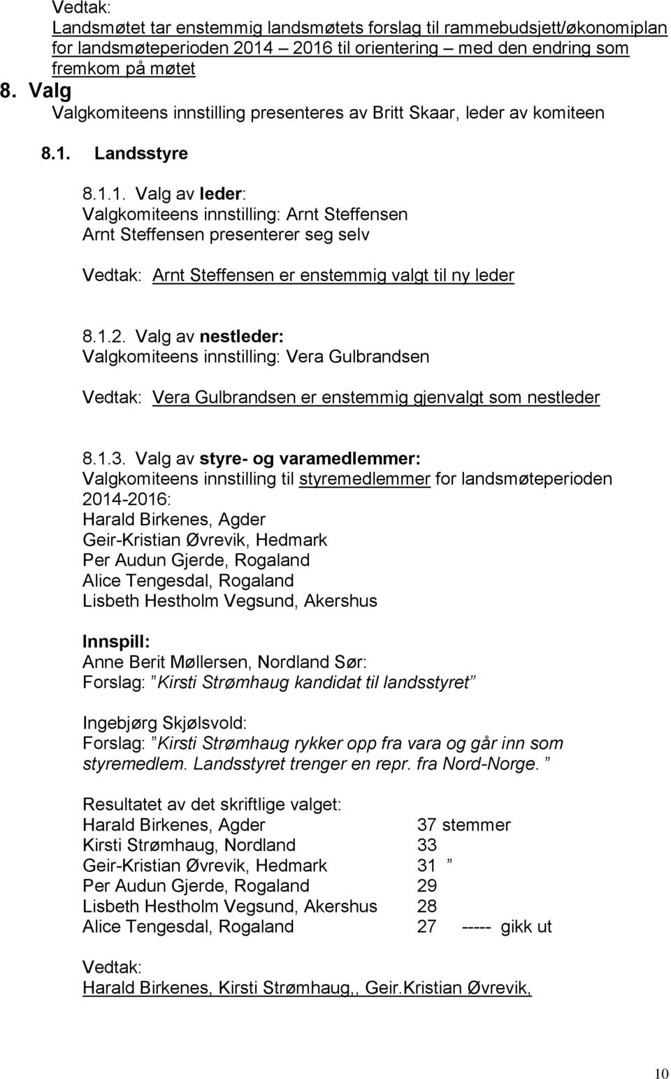 Landsstyre 8.1.1. Valg av leder: Valgkomiteens innstilling: Arnt Steffensen Arnt Steffensen presenterer seg selv Arnt Steffensen er enstemmig valgt til ny leder 8.1.2.