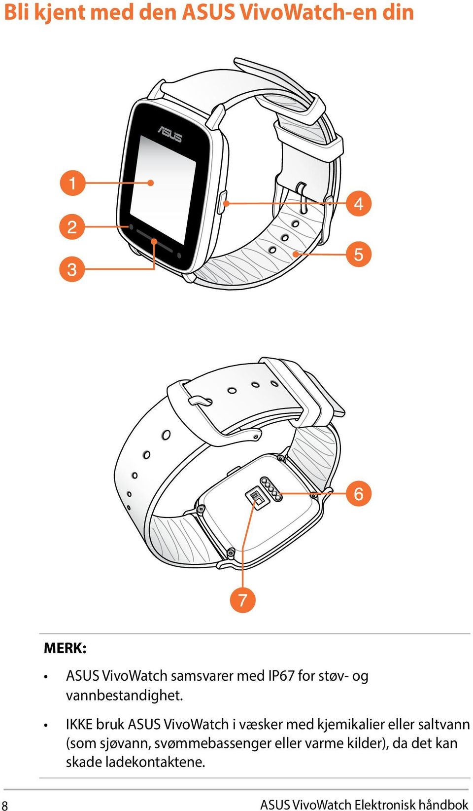 IKKE bruk ASUS VivoWatch i væsker med kjemikalier eller saltvann (som