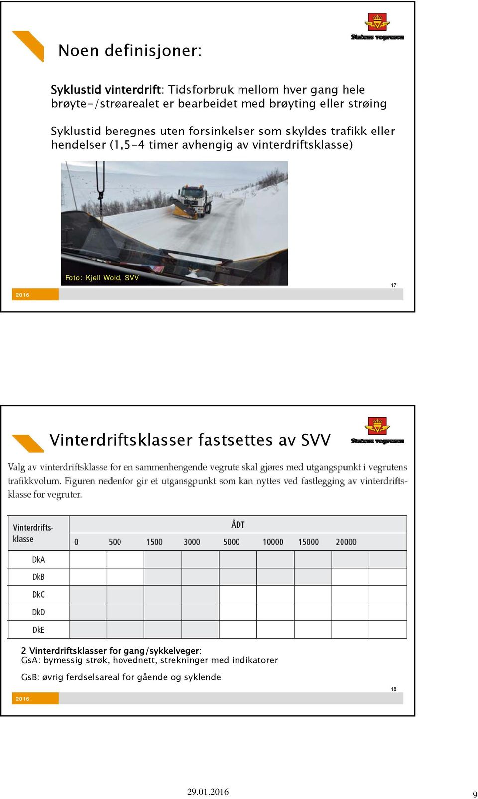 Foto: Kjell Wold, SVV 17 Vinterdriftsklasser fastsettes av SVV Driftsklasser (Dk) for vinterdrift 2 Vinterdriftsklasser for