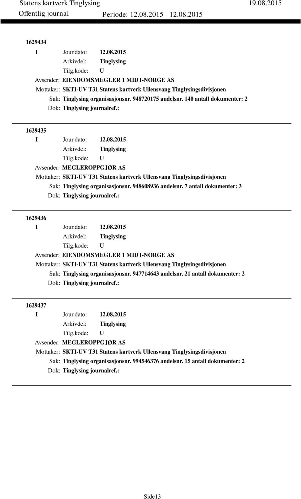 7 antall dokumenter: 3 Dok: journalref.: 1629436 Avsender: EIENDOMSMEGLER 1 MIDT-NORGE AS Mottaker: SKTI-V T31 Statens kartverk llensvang sdivisjonen Sak: organisasjonsnr. 947714643 andelsnr.