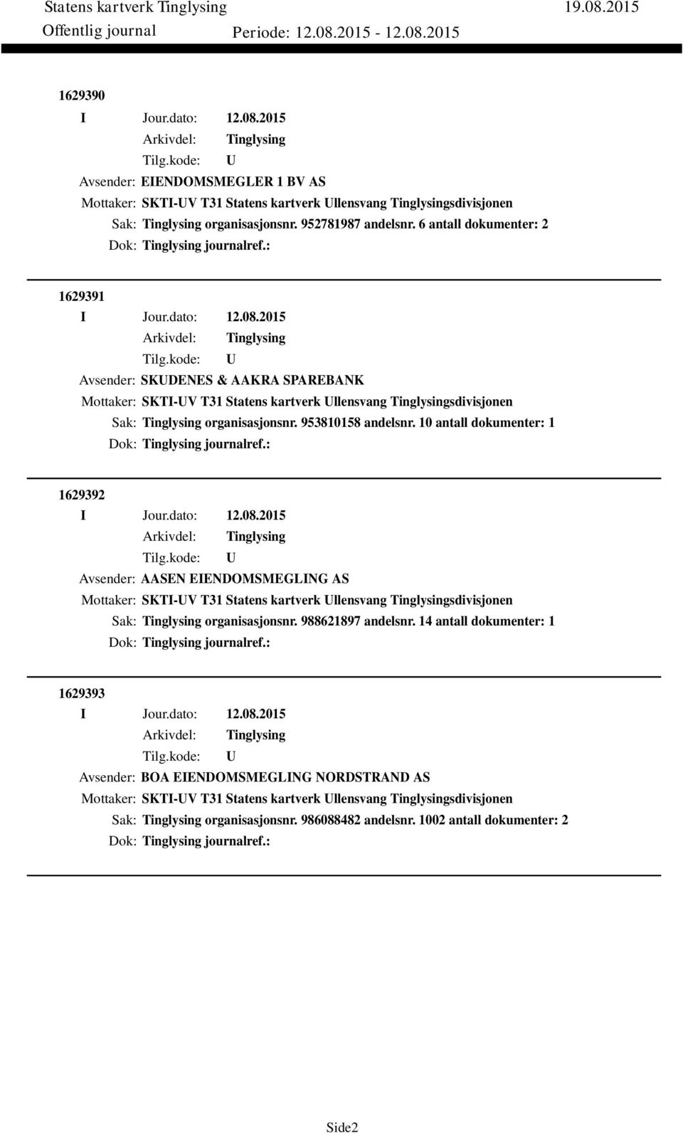 10 antall dokumenter: 1 Dok: journalref.: 1629392 Avsender: AASEN EIENDOMSMEGLING AS Mottaker: SKTI-V T31 Statens kartverk llensvang sdivisjonen Sak: organisasjonsnr. 988621897 andelsnr.