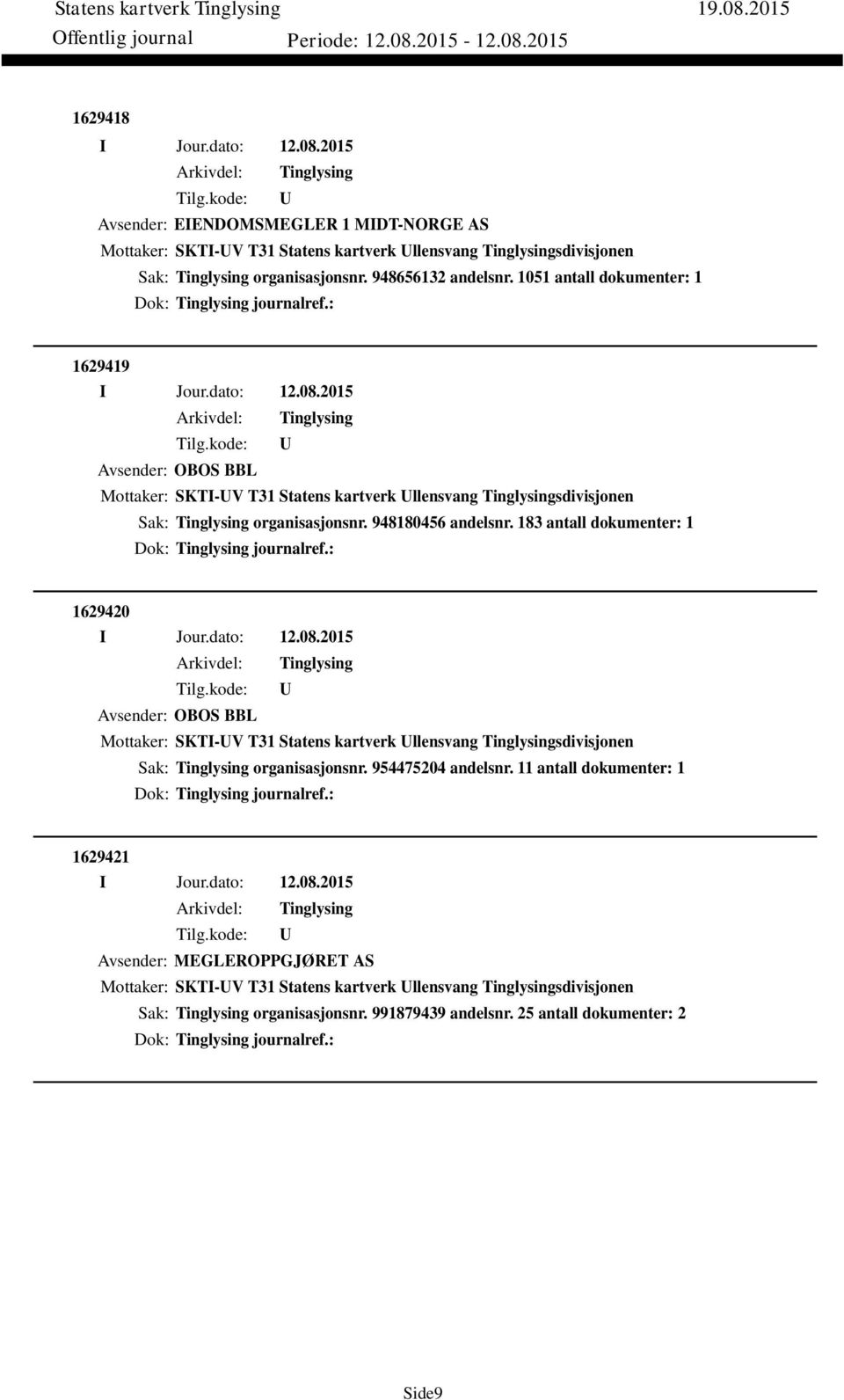 183 antall dokumenter: 1 Dok: journalref.: 1629420 Avsender: OBOS BBL Mottaker: SKTI-V T31 Statens kartverk llensvang sdivisjonen Sak: organisasjonsnr. 954475204 andelsnr.