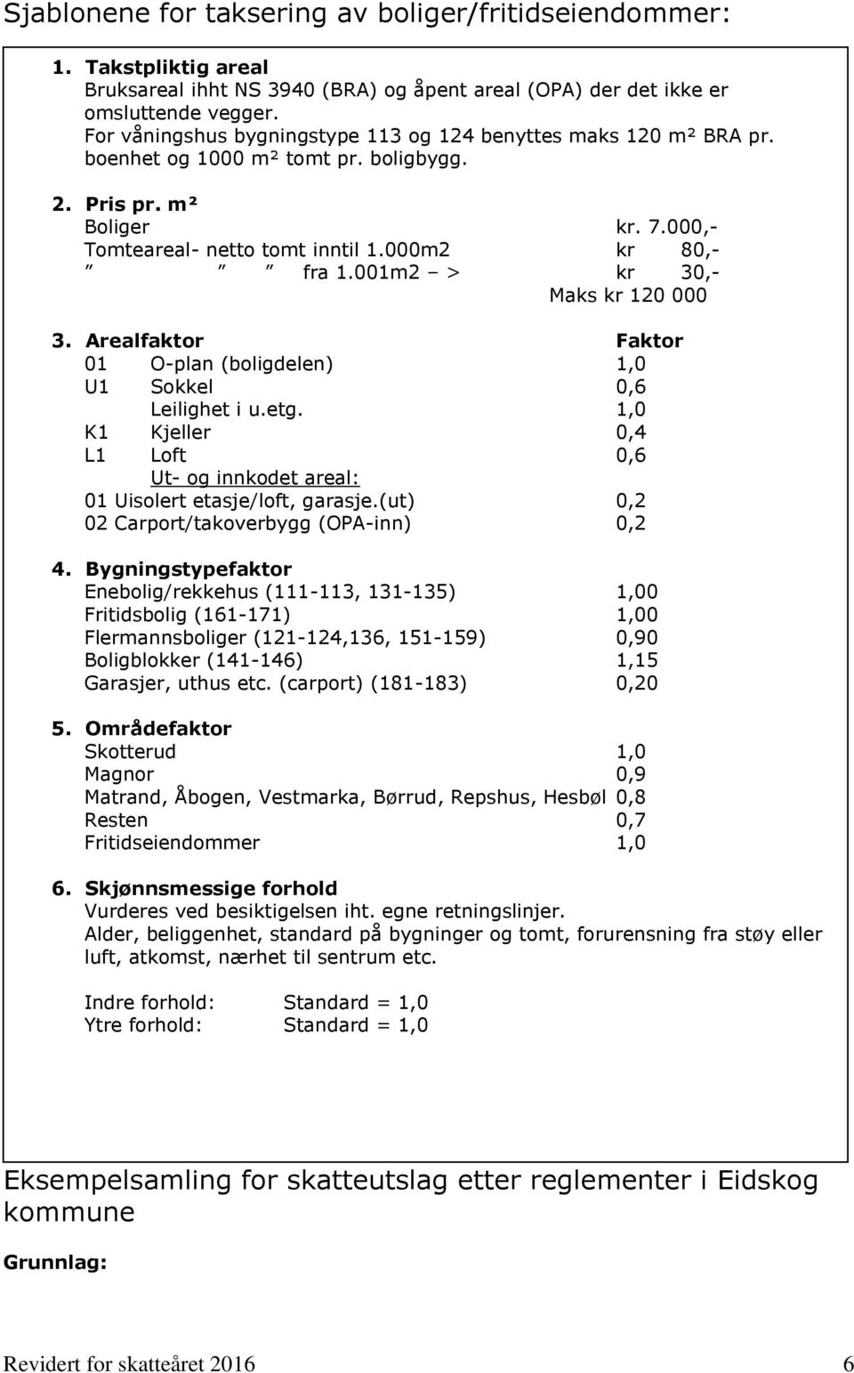 001m2 > kr 30,- Maks kr 120 000 3. Arealfaktor Faktor 01 O-plan (boligdelen) 1,0 U1 Sokkel 0,6 Leilighet i u.etg.